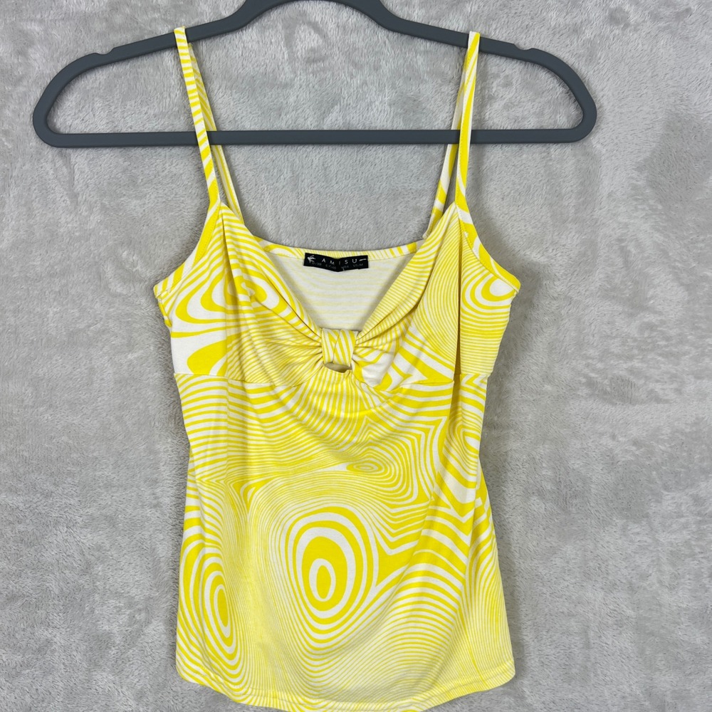 Amisu Yellow White Psychedelic Swirl Knot Front Cami Tank Top Medium Y2K fairy